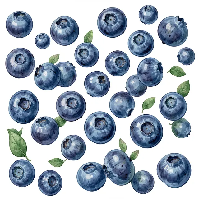 Hand-painted uneven blueberries and small green leaves scattered across a plain white background