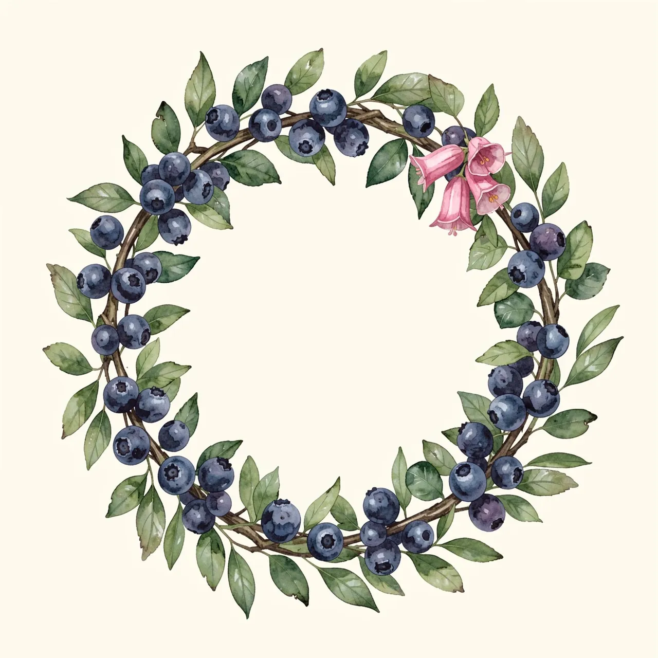Circular watercolor wreath of blueberry twigs, green leaves, and pink bell flowers on a cream background