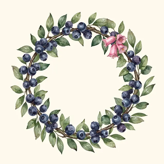 Circular watercolor wreath of blueberry twigs, green leaves, and pink bell flowers on a cream background
