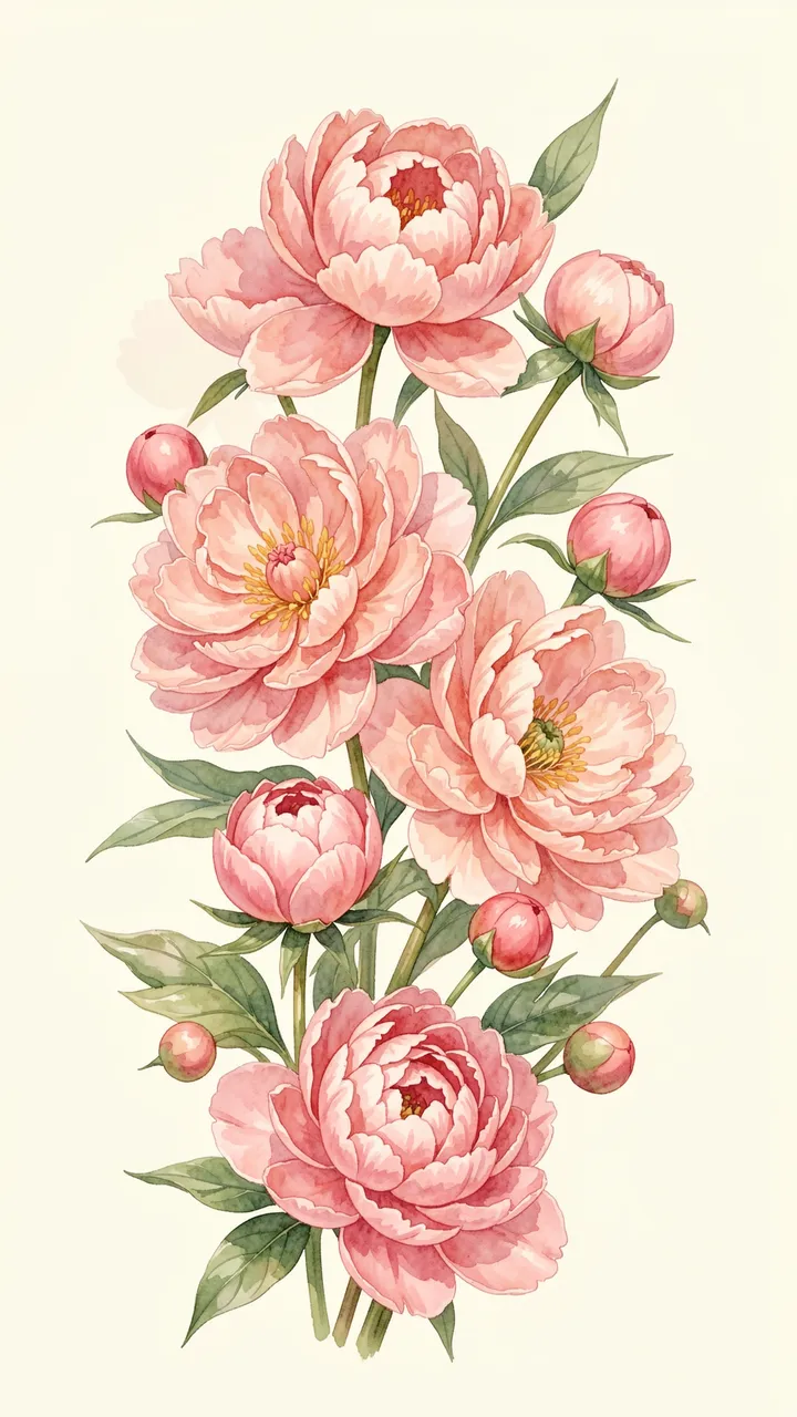 A vertical watercolor illustration of blooming blush peonies and round buds on an ivory background