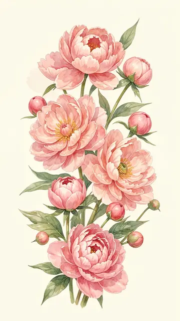 A vertical watercolor illustration of blooming blush peonies and round buds on an ivory background