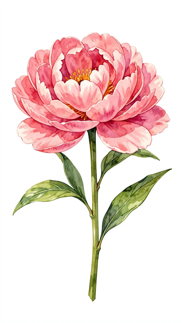 Vertical watercolor illustration of a full bloom blush peony on a green stem against a plain white background