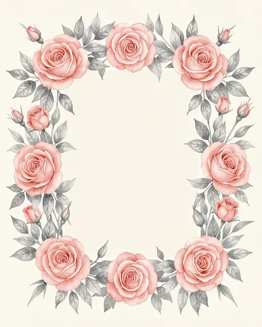 Hand-painted watercolor frame of blush garden roses and gray foliage surrounding an empty cream center