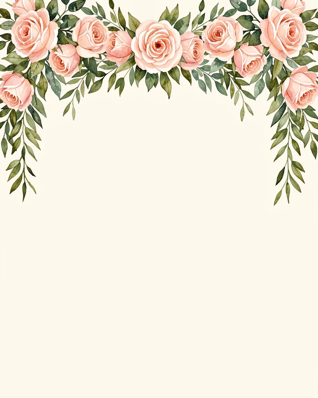 A watercolor swag of blush pink roses and green foliage sits across the top of an empty cream background