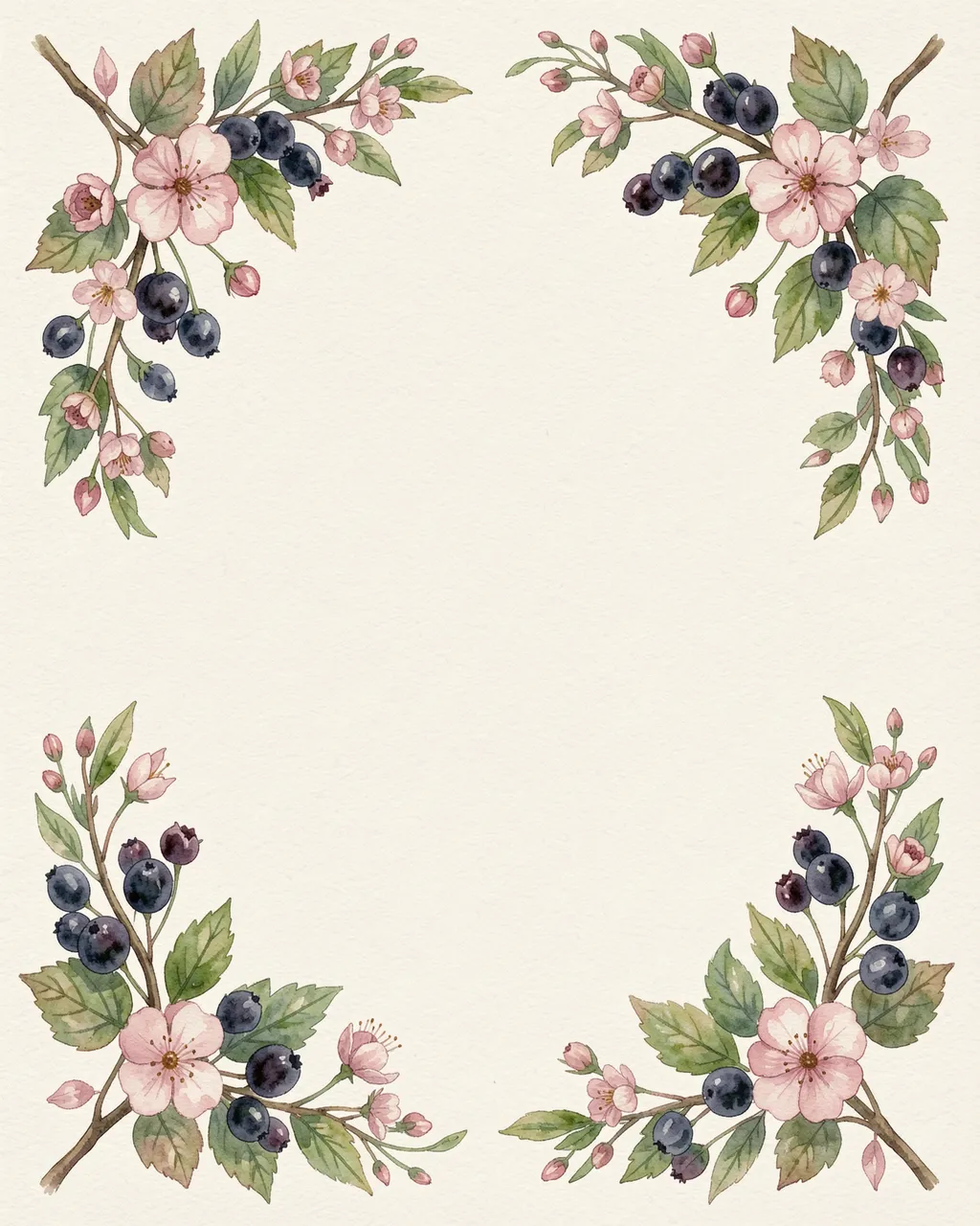 Four symmetrical watercolor bramble sprigs with pink flowers and dark berries frame an empty cream paper center