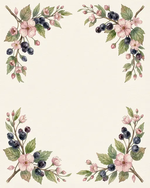 Four symmetrical watercolor bramble sprigs with pink flowers and dark berries frame an empty cream paper center