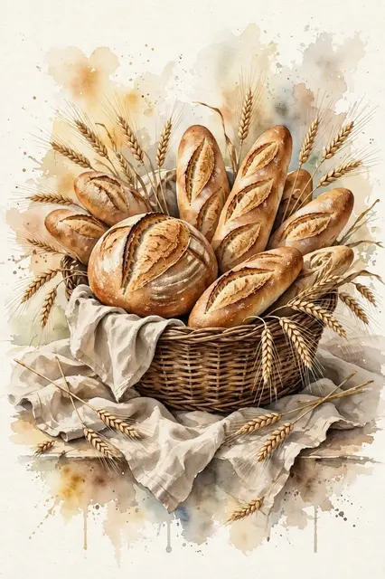 Watercolor painting of a wicker basket of crusty bread loaves and wheat stalks arranged on linen cloth