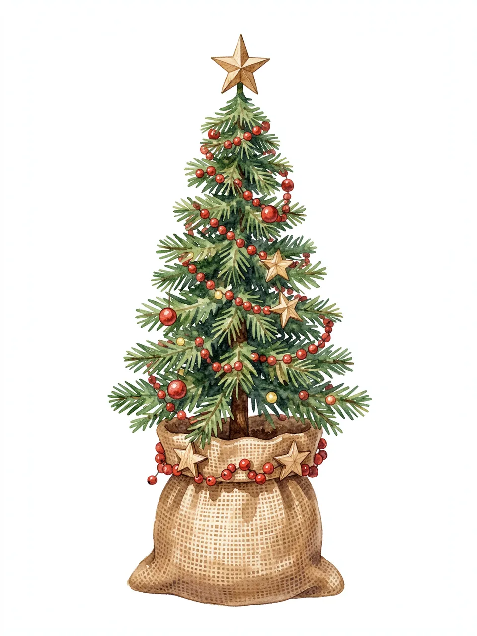 Watercolor illustration of a slender decorated Christmas tree in a burlap sack against a plain white background