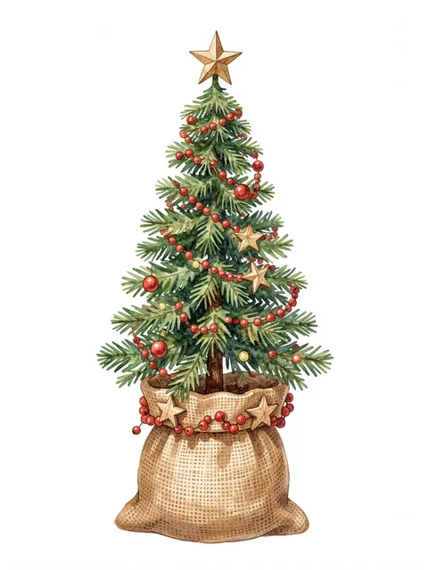 Watercolor illustration of a slender decorated Christmas tree in a burlap sack against a plain white background