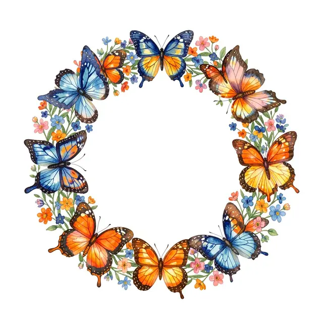 Circular watercolor wreath of blue and orange butterflies surrounded by tiny colorful flowers on a plain white background