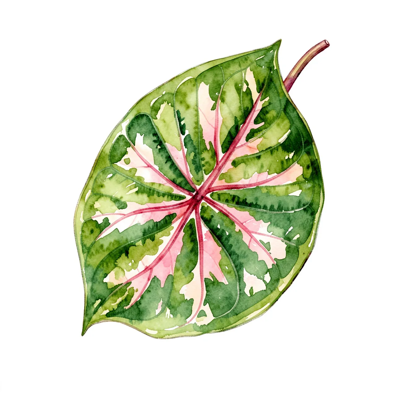 A single painted calathea leaf with green and pink markings set against a plain white background