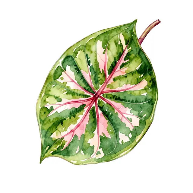 A single painted calathea leaf with green and pink markings set against a plain white background