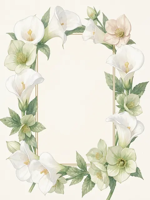 Elegant watercolor rectangular frame of white calla lilies and pale green hellebores surrounding an empty ivory center