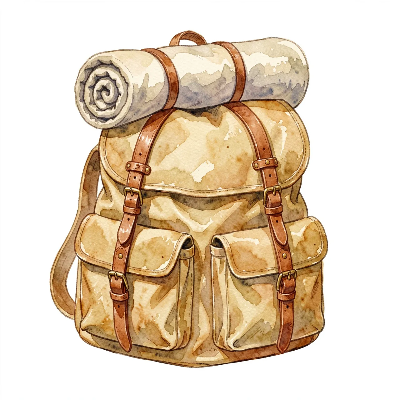 Watercolor illustration of a canvas backpack with leather straps and a rolled blanket on a plain white background