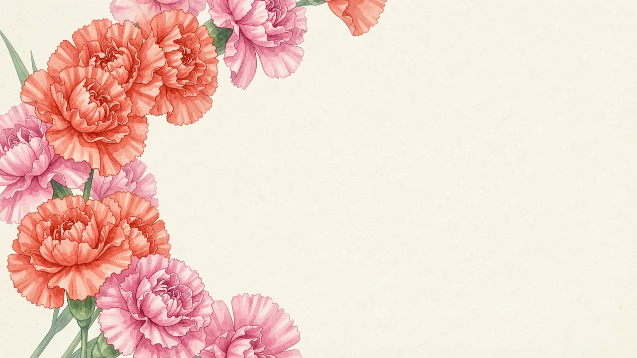Curving ruffled coral and pink carnations frame the left side of a soft ivory copy-space background in watercolor style