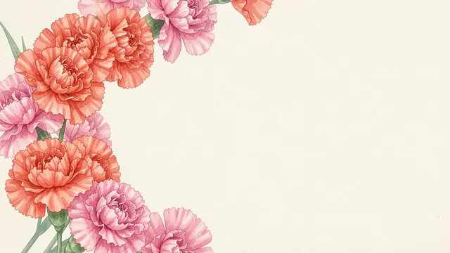 Curving ruffled coral and pink carnations frame the left side of a soft ivory copy-space background in watercolor style
