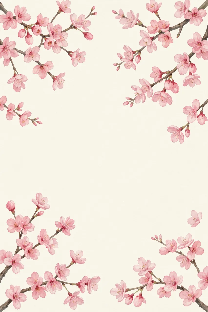 Soft pink watercolor cherry blossom branches frame an empty pale cream background with central copy space