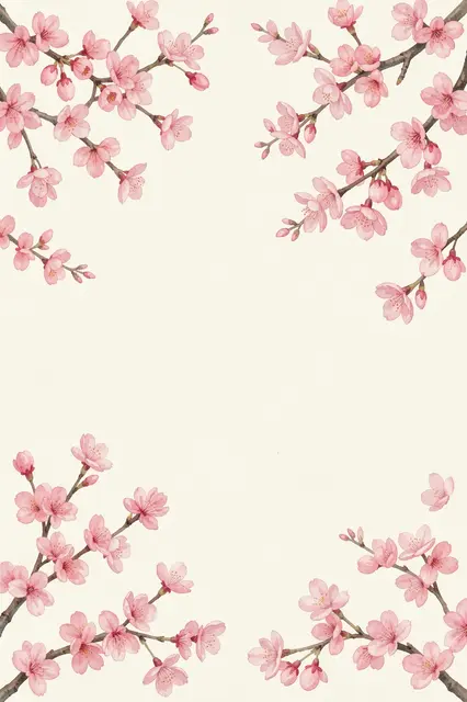 Soft pink watercolor cherry blossom branches frame an empty pale cream background with central copy space