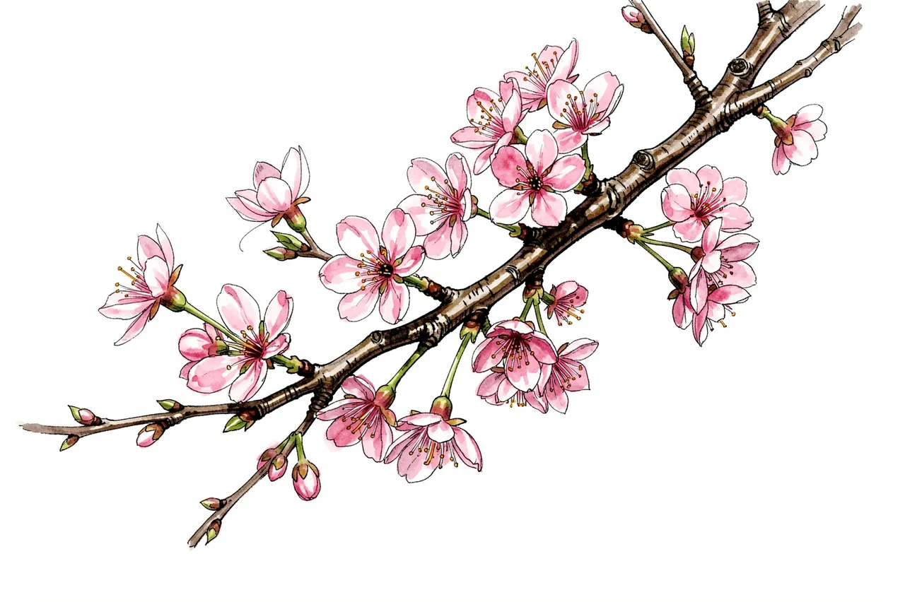 Ink and watercolor sketch of a cherry blossom branch with pink flowers against a plain white background