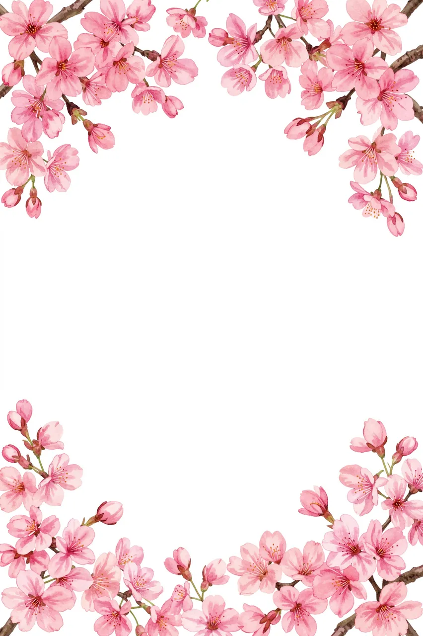 Watercolor pink cherry blossom sprigs frame the top and bottom edges of a blank white background