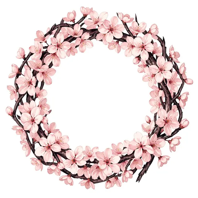 Circular empty-centered watercolor wreath of pale pink cherry blossoms on dark twigs against a plain white background