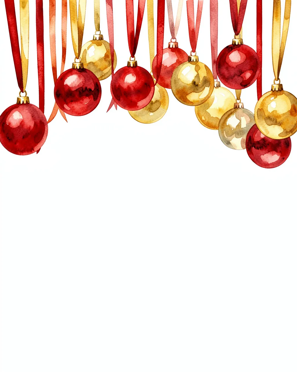 Red and gold watercolor Christmas baubles hang from ribbons along the top edge of a blank white background
