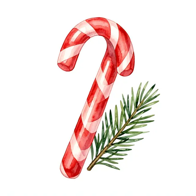 A red and white striped watercolor candy cane paired with a small pine sprig on a plain white background