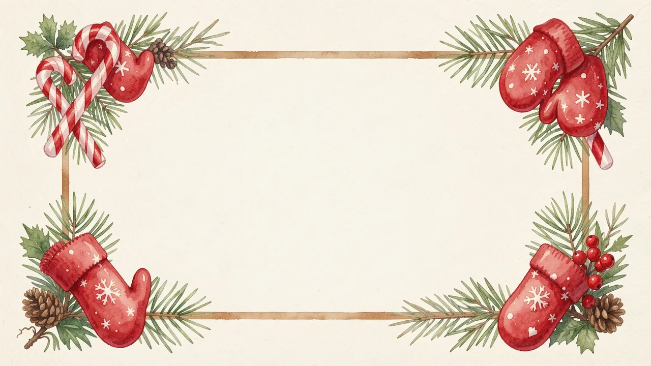 Decorative watercolor Christmas frame with festive corner elements and empty warm ivory center copy space
