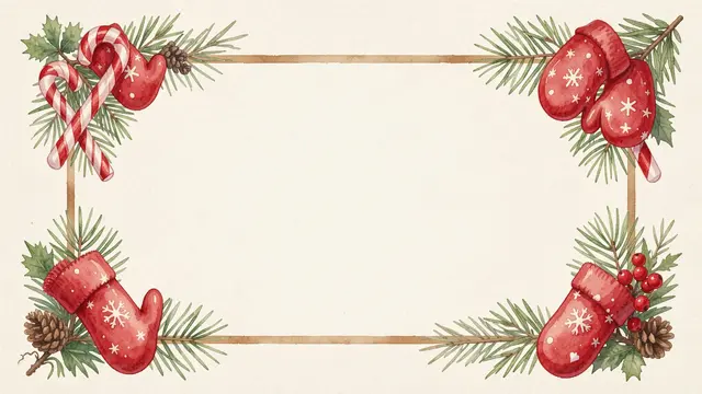 Decorative watercolor Christmas frame with festive corner elements and empty warm ivory center copy space