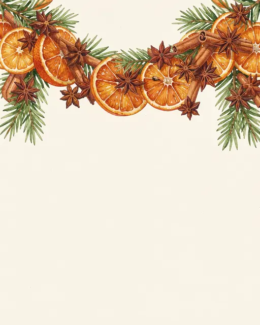 A watercolor swag garland of dried orange slices, cinnamon, star anise and pine stretches across the top of plain cream