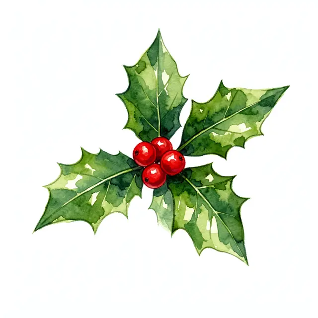 Watercolor illustration of a holly sprig with green pointed leaves and bright red berries on a plain white background