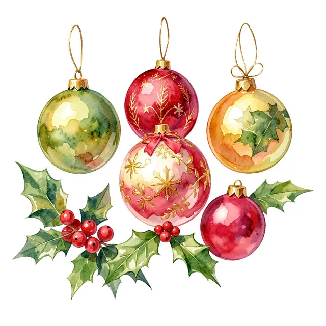 Watercolor illustration of festive Christmas baubles and holly sprigs arranged on a plain white background
