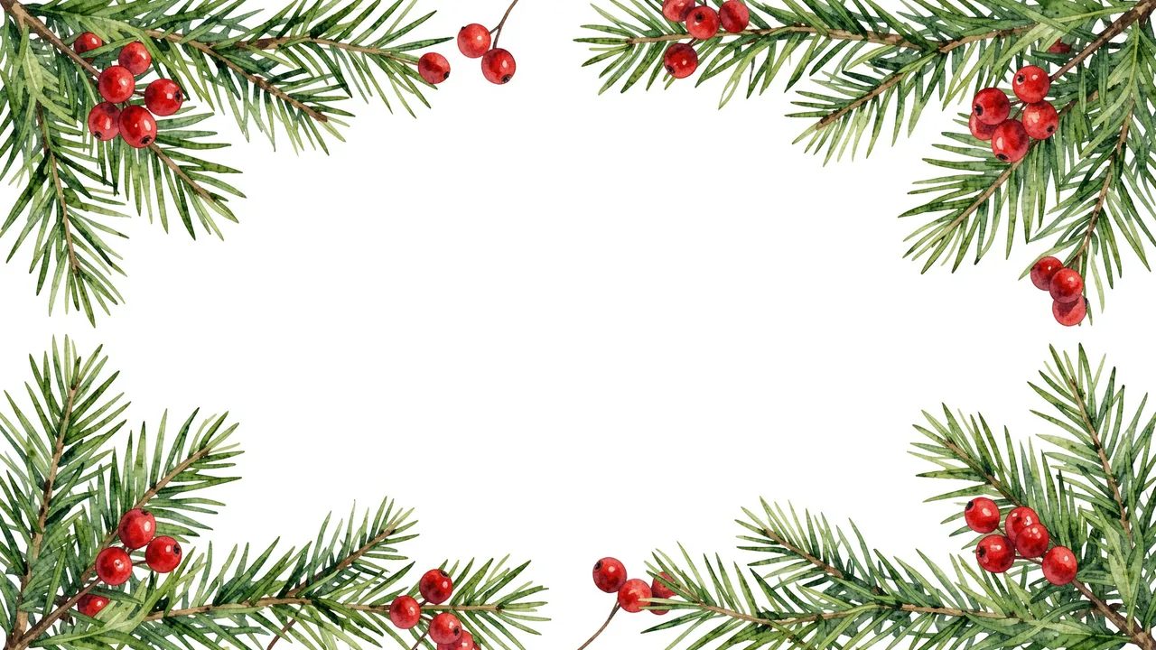 Watercolor illustration of pine branches and red berries framing a blank white center