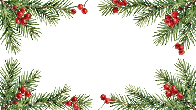 Watercolor illustration of pine branches and red berries framing a blank white center