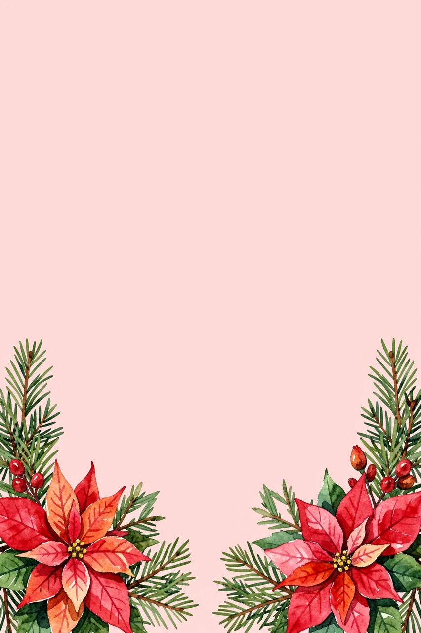 Watercolor poinsettias and evergreen sprigs frame the bottom corners of an empty blush pink background