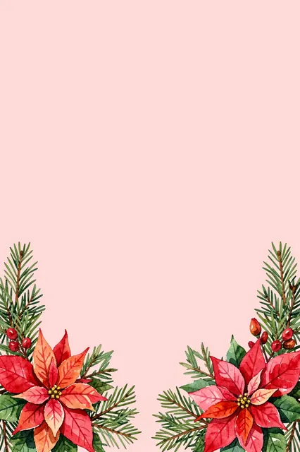 Watercolor poinsettias and evergreen sprigs frame the bottom corners of an empty blush pink background