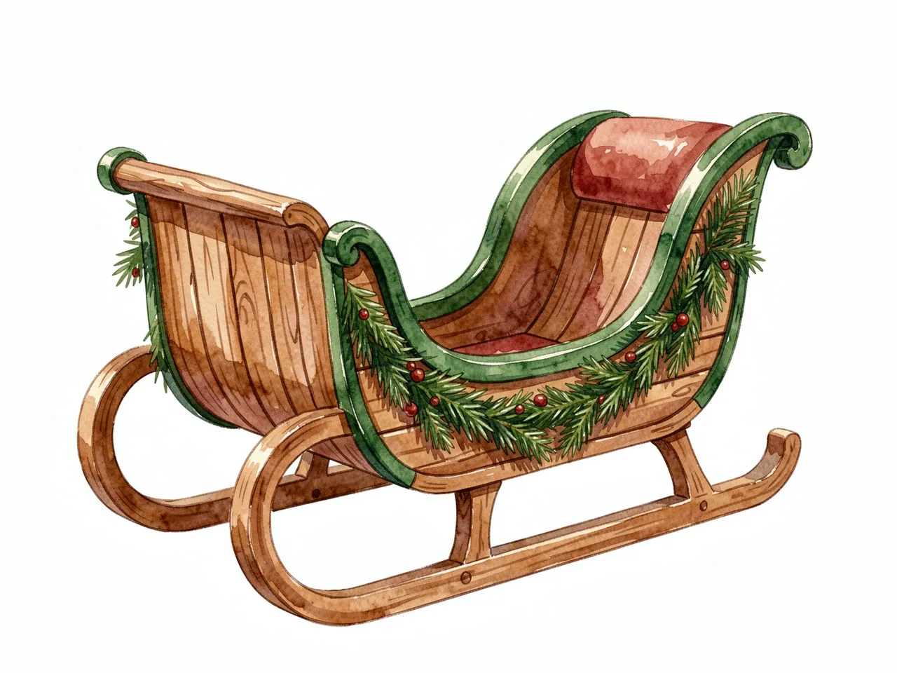 Empty wooden Christmas sleigh with green trim and fir garland on a plain white background