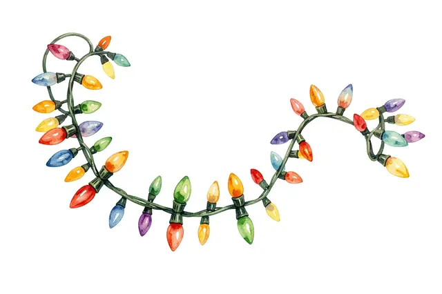 A loose curved strand of multicolored vintage Christmas lights painted in soft watercolor on a plain white background