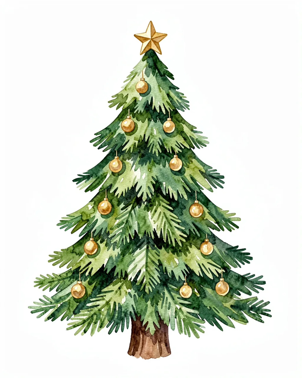 Watercolor illustration of a decorated Christmas tree with gold ornaments and a star topper on a white background