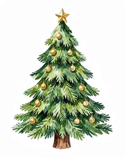 Watercolor illustration of a decorated Christmas tree with gold ornaments and a star topper on a white background