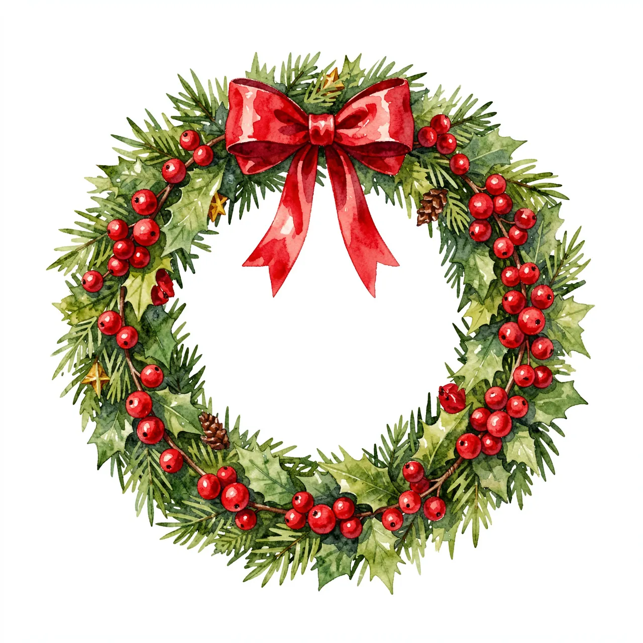 Hand-painted watercolor Christmas wreath with holly, red berries, and a red bow on a plain white background