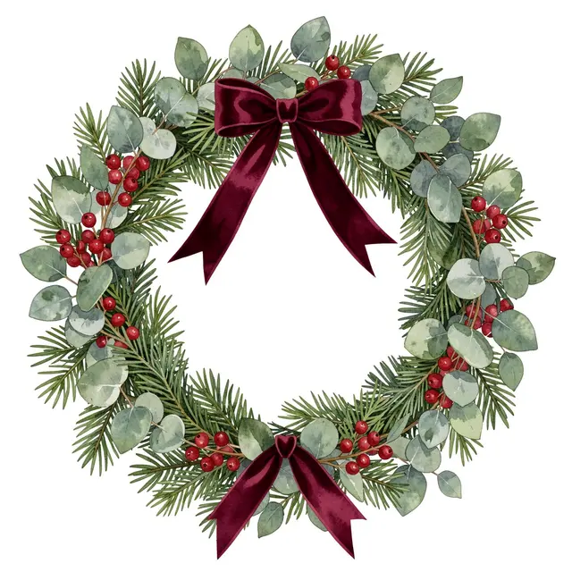 A watercolor illustration of a circular Christmas wreath with eucalyptus, pine, red berries and burgundy velvet bows on a