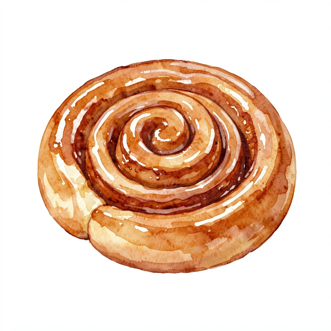 A watercolor illustration of a glazed swirled cinnamon roll set against a plain white background.