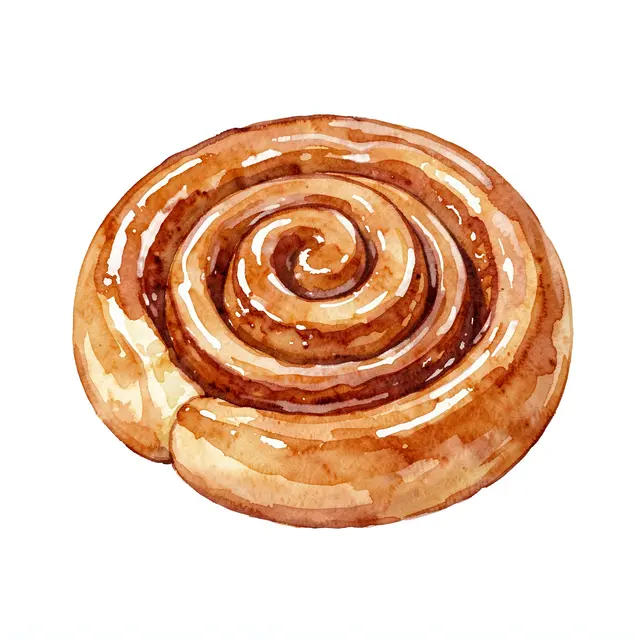 A watercolor illustration of a glazed swirled cinnamon roll set against a plain white background.