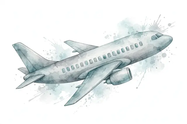 Side view of a gently climbing passenger airplane rendered in soft watercolor washes on a pale background