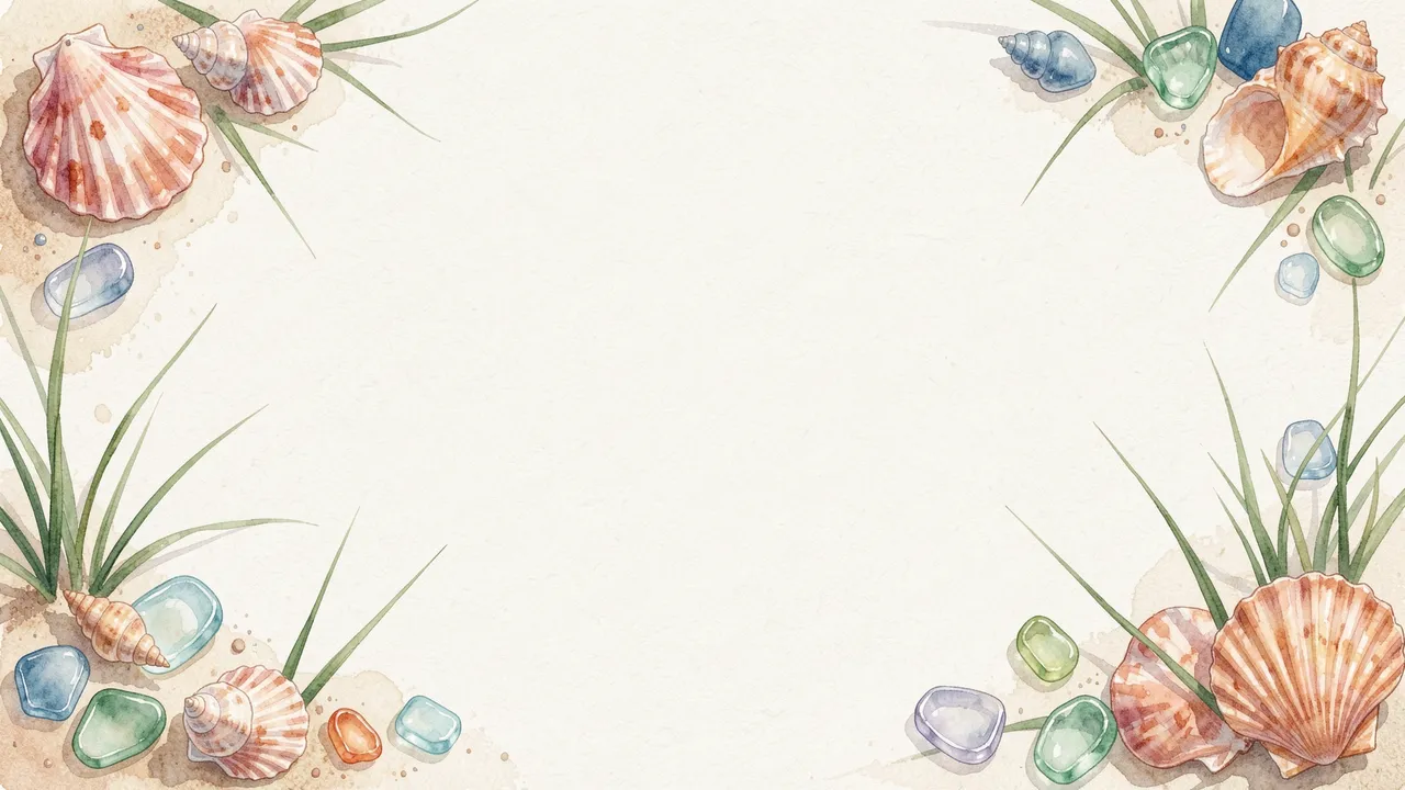 Delicate watercolor coastal frame of seashells, sea glass and dune grass framing empty pale sand copy space