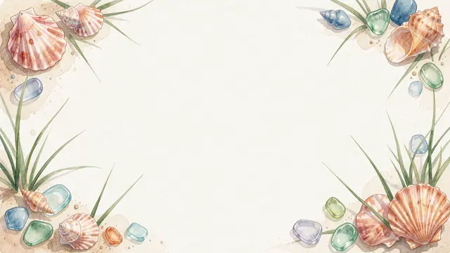 Delicate watercolor coastal frame of seashells, sea glass and dune grass framing empty pale sand copy space