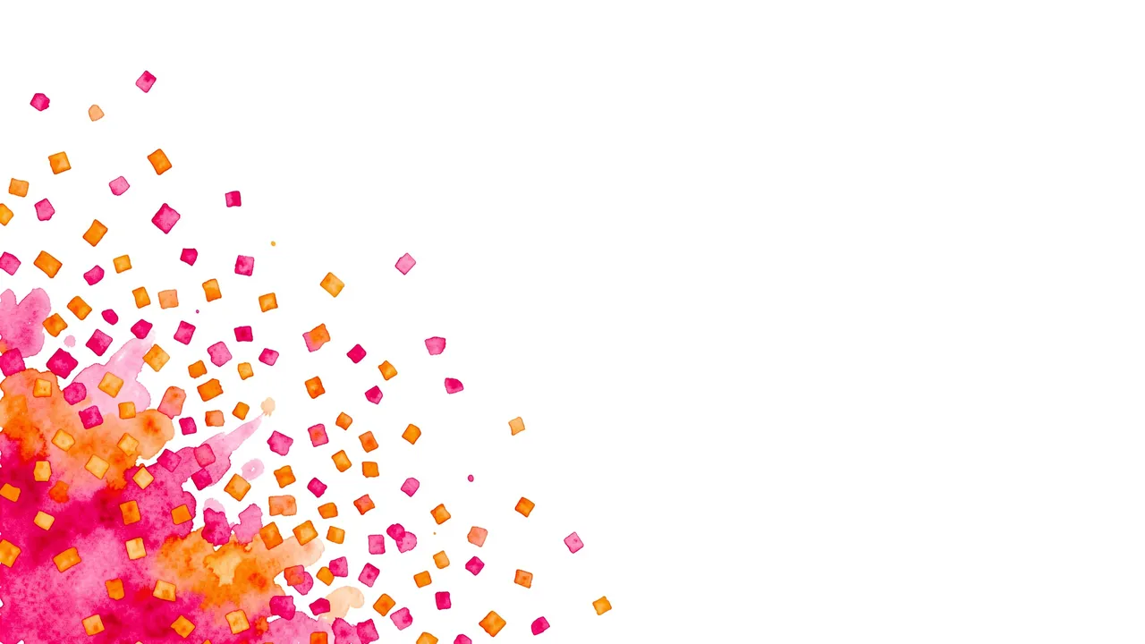 Watercolor hot pink and orange confetti bursts from the lower left against an empty white background