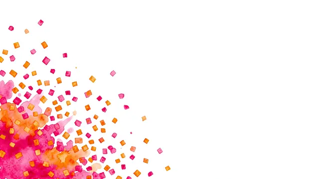 Watercolor hot pink and orange confetti bursts from the lower left against an empty white background