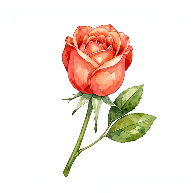 A half-open coral rosebud on a short leafy stem against a plain white background